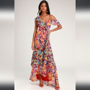 Radiant Ruby Red Floral Print Chiffon Maxi Dress